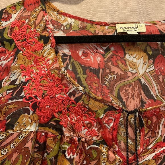 ONE WORLD Tops - Floral Sheer Earthy Tone Blouse